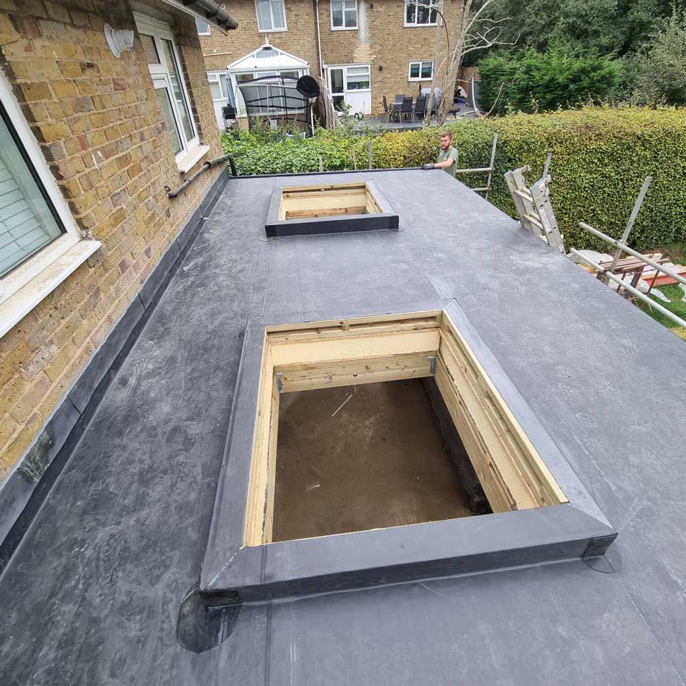 EPDM flat roof with skylight openings prepared