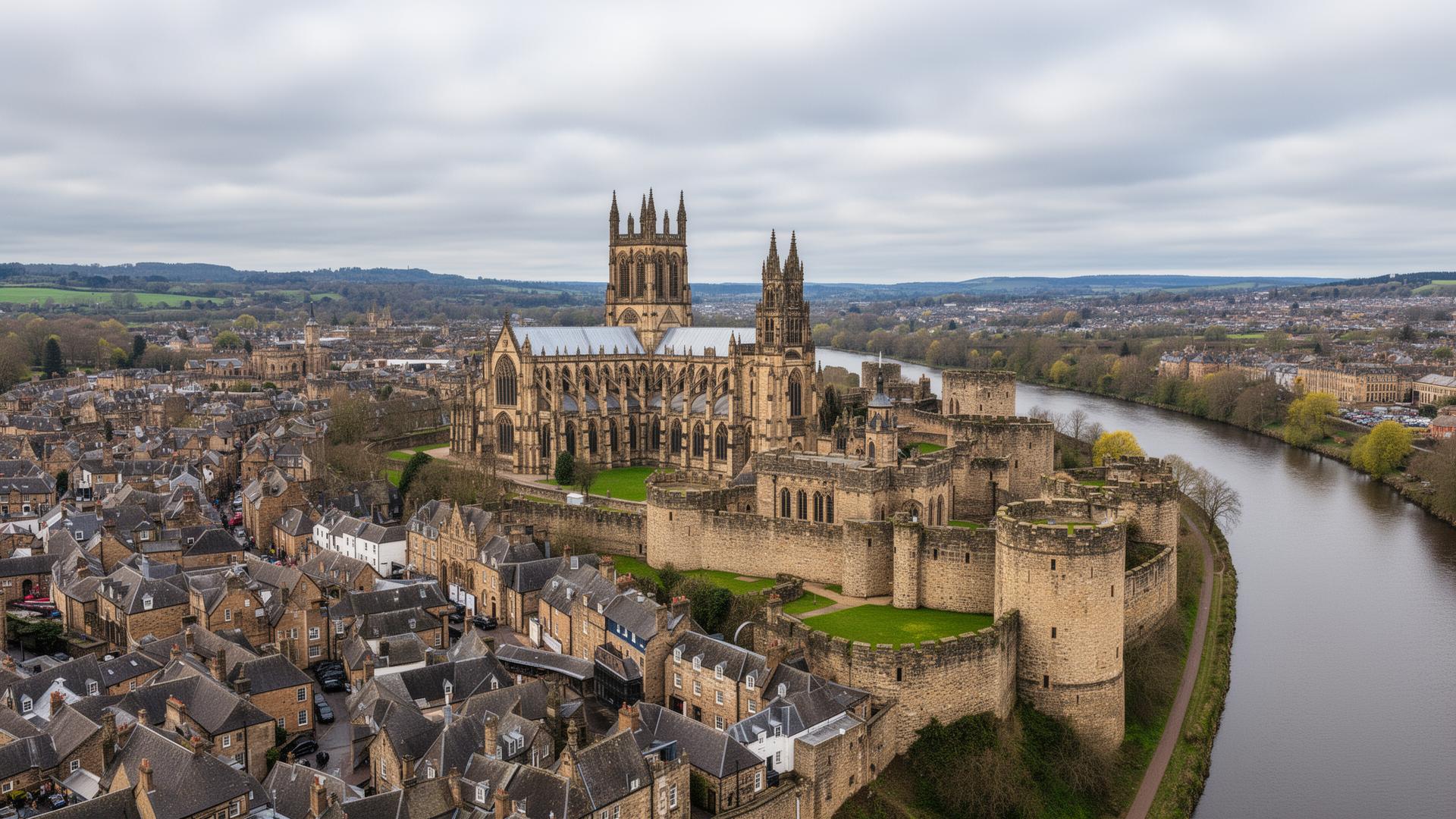 Aerial view of Durham Cathedral and rooftops in Durham city, County Durham