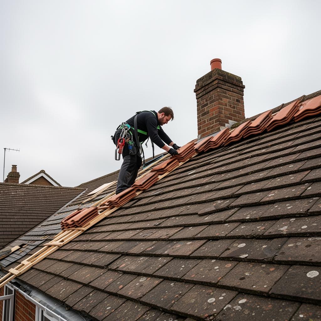 Professional roofer installing tiles on a residential property
